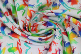 Swirled swatch Rainbow Frogs fabric (white fabric with tossed frog silhouettes allover in various poses with multi-coloured rainbow within)