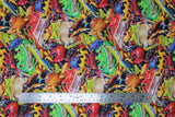Flat swatch Stacked Frogs fabric (full colour illustrative style busy frog collage: various styles, sizes and colours)