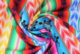 Swirled swatch Multi fabric (vertical striped fabric in southwest style with geometric chevron style shapes and tribal look turtles: blue, red, orange, yellow, green, pink stripes)