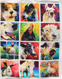 Full panel swatch - Quilted Animals Panel - (35" x 45") (white rectangular panel with 4 rows of 3 square graphics all in a quilted style design with an animal in each: cat, goat, llama, dog, rooster, sheep, chicken, cow, pig, bunny, horse, duck)