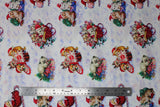 Flat swatch Kitties Toss fabric (white and blue subtle marbled look snow like fabric with tossed kitties in sleds, with presents, etc. various christmas themed poses and scenes)