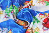 Swirled swatch Stripe fabric (white and blue thick striped fabric with christmas themed kitten scenes allover: kitties in sleds, gingerbread houses, flying reindeer, etc.)