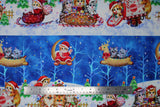 Flat swatch Stripe fabric (white and blue thick striped fabric with christmas themed kitten scenes allover: kitties in sleds, gingerbread houses, flying reindeer, etc.)