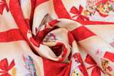 Swirled swatch Squares fabric (red fabric with subtle stars background, beige squares with christmas ornaments within decorated with christmas cat themed graphics and red bows)