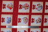 Flat swatch Squares fabric (red fabric with subtle stars background, beige squares with christmas ornaments within decorated with christmas cat themed graphics and red bows)