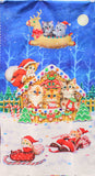 Full panel swatch - Gingerbread House Panel (24" x 45") (rectangular panel winter scene with blue night sky and moon, gingerbread house filled with kitties and cat santa on roof, two kitties in sleds, 2 kitties in flying reindeer over house)