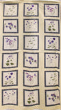 Full panel swatch - Flower Panel (24" x 44") (cream coloured rectangular vertical panel with 18 squares evenly spaced with purple and green floral graphics within assorted and blue floral style frames)