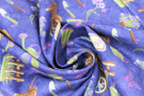 Swirled swatch garden tools fabric (dark purple fabric with small tossed full colour garden related emblems allover: green and purple gloves, green watering can, brown wheel barrow, purple and green floral, garden tools, butterflies, etc.)