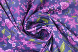 Swirled swatch eggplant fabric (dark purple fabric with tossed purple floral heads in various styles with dark green stems and leaves tossed allover)