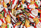 Swirled swatch Winter Friends fabric (collaged heads: snowmen with hats, moose/deer with christmas lights in antlers, santa heads, polar bears with hats)