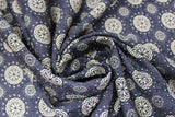 Swirled swatch floral nightfall fabric (dark blue/black fabric with beige circular floral design allover with smaller beige dots around circles)