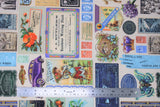 Flat swatch vintage medley fabric (cream fabric with vintage style stamps, badges, etc. in square, rectangle and other shapes. Tossed floral, birds nests, butterflies, stamps, etc. all in colour)