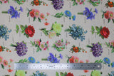 Flat swatch parchment bouquets fabric (beige fabric with full colour small bouquets of floral allover with small grey cursive labels)