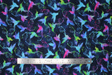 Flat swatch Dark Blue fabric (dark blue fabric with tossed colourful hummingbird and swirlies silhouettes)