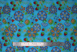 Flat swatch Turquoise fabric (turquoise fabric with large tossed beaded/bubble look floral and greenery allover in white, blues, yellow, orange, red)