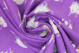 Swirled swatch unicorns purple fabric (purple fabric with medium sized white unicorn heads with grey manes, pink purple and blue decorative floral with greenery)