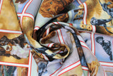 Swirled swatch Squares fabric (busy fabric with square and rectangular badges allover with realistic look dogs within & bone border)