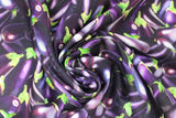 Swirled swatch eggplant printed fabric (full colour collaged purple eggplants with green stems, tossed allover)