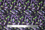 Flat swatch eggplant printed fabric (full colour collaged purple eggplants with green stems, tossed allover)