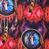 Square swatch painted horses fabric (purple, black, red kaleidoscope look abstract background with tossed brown dreamcatchers with horse head graphics within)