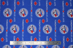 Group swatch licensed Toronto Blue Jays printed fabrics in cotton and fleece