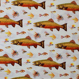 Square swatch River Trout fabric (white fabric with assorted style fishing flies in natural shades: brown, beige, yellow etc. and large repeated river trout in brown/green and orange tones)