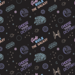 Square swatch Star Wars knit (black fabric with blue/purple/pink space emblems stars, planets, etc. and 