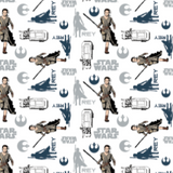 Square swatch Star Wars fabric (white fabric with Rey character and grey/blue character silhouettes, movie logo and white robot)