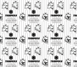 Square swatch Star Wars fabric (white fabric with black stripe look and storm trooper helmets tossed. Text reading "Troopers" "Star Wars")