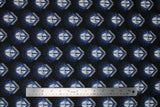 Flat swatch Legendary Warriors fabric (navy fabric with repeated mandalorian badges in blue and grey with helmet in white repeated)
