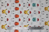 Flat swatch pokemon printed fabric (white fabric with lines of poke balls, bulbasaur heads, pikachu heads, charizard heads, both in full colour and in outline only)