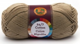 A single ball of Lion Brand 24/7 Cotton in Taupe