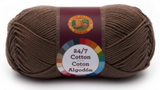 A single ball of Lion Brand 24/7 Cotton in Cafe Au Lait