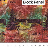 Sponge Toffee Block Panel (9") fabric swatch (marbled look fabric in multi-colour creating nature scene with brown tree and forest line shapes with abstract canoe drawing)