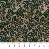 Packed Leaves fabric swatch (light brown/grey marbled look fabric with busy tossed green leaves)