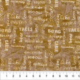 Words Hazelwood fabric swatch (beige and mustard marbled look fabric with tossed white text allover in various directions relating to canoe lake theme "tent" "trees" etc.)