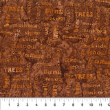 Words Sponge Toffee fabric swatch (deep orange marbled look fabric with tossed orange text allover in various directions relating to canoe lake theme "tent" "trees" etc.)