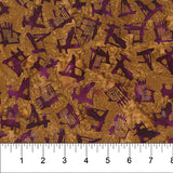 Tossed Chairs Sponge Toffee fabric swatch (light brown marbled look fabric with tossed purple muskoka chair silhouettes allover)