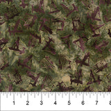 Tossed Chairs Olive fabric swatch (olive green marbled look fabric with tossed brown muskoka chair silhouettes)