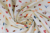 Swirled swatch toad stools fabric (off white fabric with tiny tossed toad stools and mushrooms allover in brown, cream, orange, red, blue)