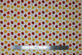 Flat swatch Maple Foliage fabric (white fabric with tossed maple leaves in yellow, orange and red shades with tossed sprigs)