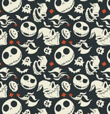 Swatch of licensed quilting cotton for Nightmare Before Christmas. White heads at odd angles with Zero (the ghost dog), bats, and red accent shapes on a black background.