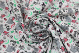Swirled swatch Pattern Play fabric (white fabric with tossed movie emblems in full colour allover)
