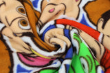 Swirled swatch Toy Story Sticker Party fabric (large collaged characters with white thick edging sticker look)