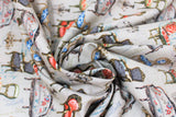 Swirled swatch Baroque fabric (grey fabric with tossed illustrative style vintage chairs and couches and chandeliers in various styles with tossed blue cursive writing)