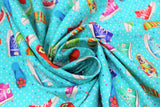 Swirled swatch Footwear fabric (teal fabric with white and coloured dots allover and tossed full colour illustrative style footwear allover in various styles/colours: converse, flip flops. etc.)