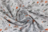 Swirled swatch nordic tundra fabric (white fabric with small grey, orange, forest green colourway emblems with sweater look design within, trees, mountains, snow)