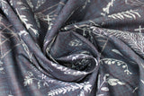Swirled swatch navy stags fabric (navy blue fabric with tossed blue drawing style deer and forest emblems: feathers, leaves/greenery, trees, etc.)