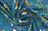 Swirled swatch Sow fabric (navy fabric with busy tossed garden tools and outlines and seeds/beans in illustrative style)