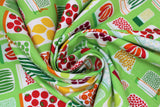 Swirled swatch Jars fabric (lime green fabric with illustrative style jars allover with garden veggies inside)